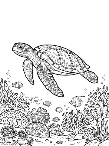 Coloring page of a sea turtle gliding above a colorful coral reef with a patterned shell, flipper-like legs, and many small fish and coral formations below