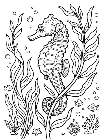 Coloring page of a seahorse floating upright among tall flowing seaweed fronds, its curled tail wrapped around a stem, bony ring segments visible on the body, small fish and a starfish nearby