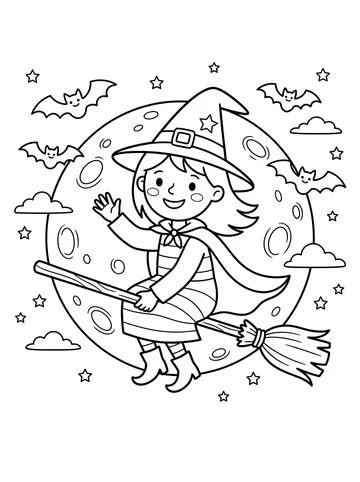 A smiling girl witch in a tall pointed hat rides a broomstick in front of a large full moon, with bats and star outlines in the night sky