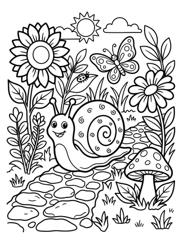 Coloring page of a smiling garden snail with a large spiral shell crawling along a stone garden path, surrounded by a sunflower, daisies, a spotted mushroom, a butterfly, and a ladybug