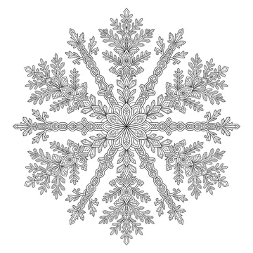 An intricate six-pointed snowflake mandala with branching crystal arms, tiny fern-like sub-branches, scroll ornaments, diamond accents, and a central six-petal flower