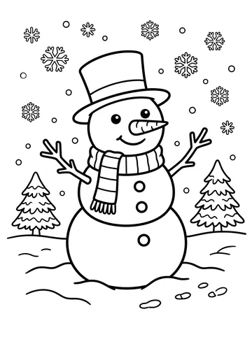 Coloring page of a smiling snowman with a top hat, striped scarf, carrot nose and stick arms, between two small pine trees with snowflakes