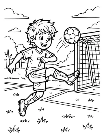 Coloring page of a smiling child in a soccer uniform mid-kick with a soccer ball flying toward a goal post, trees and clouds in the background