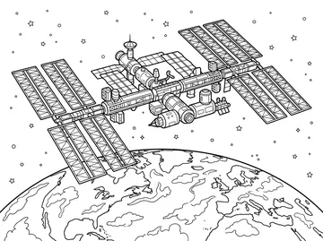 Coloring page of a large space station with wide solar panel arrays and multiple cylindrical modules floating above a curved Earth showing continents and clouds, surrounded by stars
