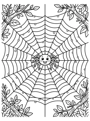 A large spider web spanning the page with a smiling round spider in the center, dewdrops dotting the strands, and leafy branches in the corners