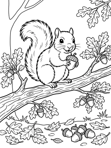 A bushy-tailed squirrel sitting on a large oak tree branch holding an acorn, surrounded by oak leaves and clusters of acorns on the branch and on the ground below
