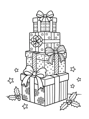 Four gift boxes stacked from largest to smallest, each with a different wrapping paper pattern and a bow, with holly sprigs and stars on either side
