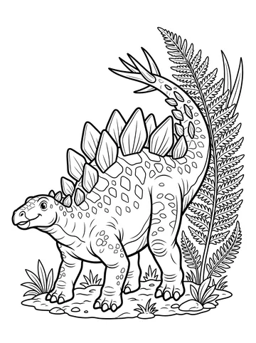 Coloring page of a friendly stegosaurus with large diamond-shaped back plates and a spiked tail, standing next to a tall fern frond