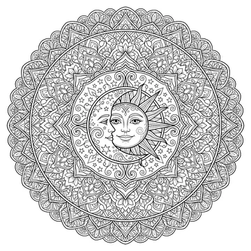 Circular mandala with a sun face and crescent moon overlapping at center, surrounded by stars, and intricate floral and geometric petal rings filling the outer border