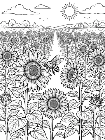 Coloring page of a vast sunflower field with a bee flying in the foreground, sun shining overhead, and a farm in the distant background