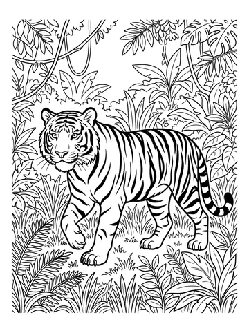 Coloring page of a tiger walking through dense jungle vegetation with bold stripes on its body and head, surrounded by ferns, leaves and hanging vines