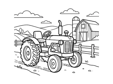 Coloring page of a classic farm tractor with a large rear wheel and small front wheel on a dirt path, with a barn, silo, fence, and rolling hills in the background