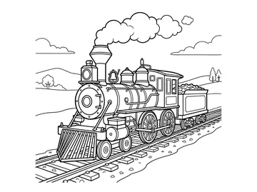 Coloring page of a classic steam locomotive with a tall smokestack puffing a cloud of steam, large driving wheels, a cowcatcher, and a coal tender on railway tracks