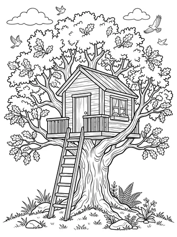 Coloring page of a wooden treehouse with a ladder, door, and window nestled in the branches of a large oak tree with birds flying and ferns below