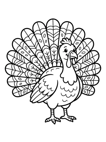 A proud turkey standing and facing forward with a wide fan of patterned tail feathers spread behind it, each feather decorated with eye-shaped markings and chevron lines