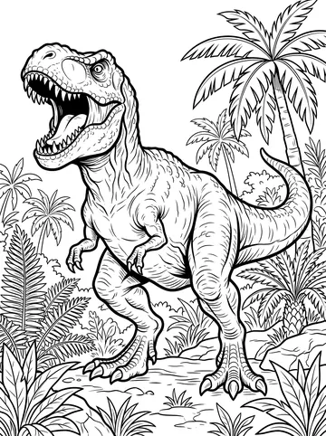 A large tyrannosaurus rex with its mouth wide open roaring, showing rows of teeth, with small arms, powerful legs, and a long tail, surrounded by prehistoric ferns and palm trees