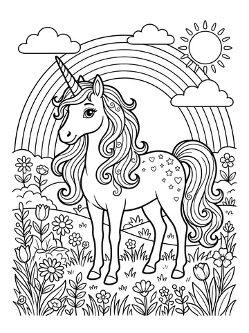 Coloring page of a beautiful unicorn with a spiral horn and long wavy mane standing in a meadow of flowers with stars and hearts on its flank, a rainbow and smiling sun behind it
