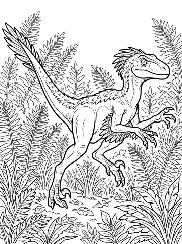 Coloring page of a feathered velociraptor mid-stride through dense ferns, one foot raised with a sickle claw visible and arms outstretched
