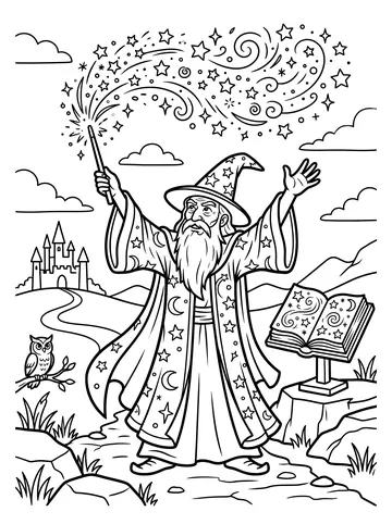 Coloring page of a bearded wizard in a star-and-moon patterned robe and pointed hat, arms raised with wand shooting swirling stars and sparkles, a spell book on a stand nearby and an owl perched on a branch