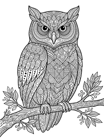 A large owl perched on a branch with its body and wings filled with intricate zentangle patterns including spiral feathers, diamond shapes, triangles, and scrollwork